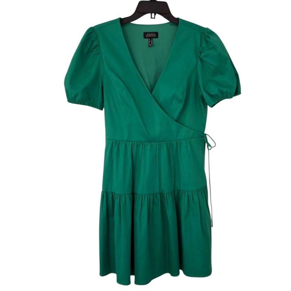 Adrianna Papell Women Green Short Puff Sleeve Tiered Dress Sz 8 - Picture 2 of 4